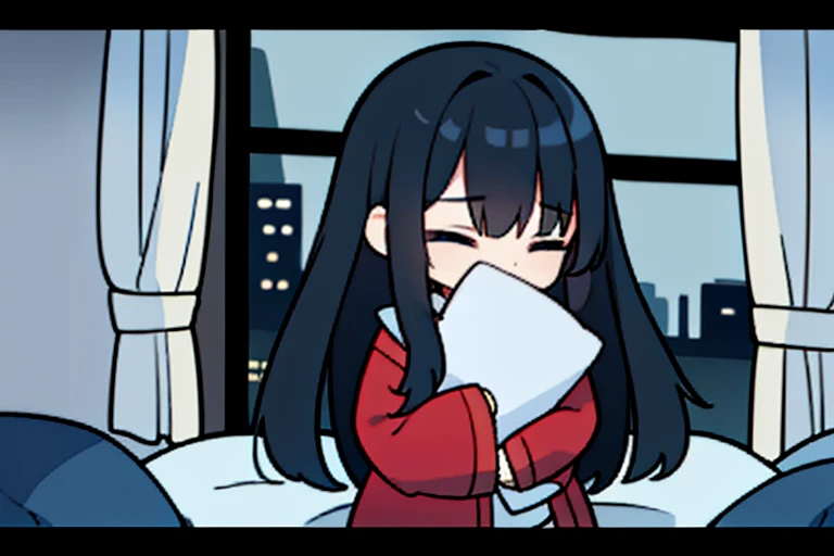 ((aesthetic)) man with (wery long black hair) dressed in red pajama. hugs a pillow. sleep. closed eyes. night. blue shades. blue light. white pillow. Night room. Bed. view from above. Big window. Outside the window there is a city in the distance. Scattered things. Small glowing lamp. Night. Darkness. Dark blue colors