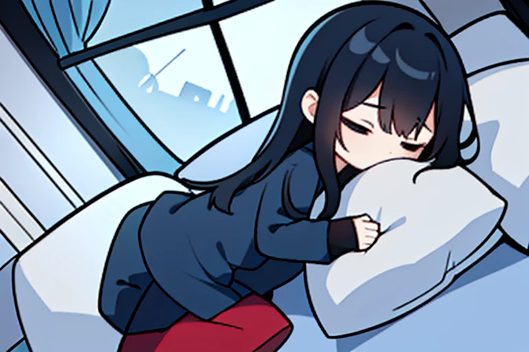 ((aesthetic)) man with (wery long black hair) dressed in red pajama. hugs a pillow. sleep. closed eyes. night. blue shades. blue light. white pillow. Night room. Bed. view from above. Big window. Outside the window there is a city in the distance. Scattered things. Small glowing lamp. Night. Darkness. Dark blue colors