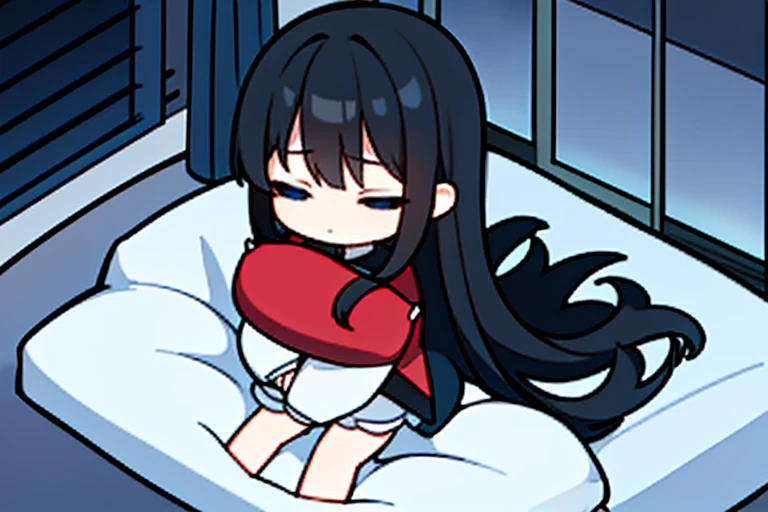 ((aesthetic)) man with (wery long black hair) dressed in red pajama. hugs a pillow. sleep. closed eyes. night. blue shades. blue light. white pillow. Night room. Bed. view from above. Big window. Outside the window there is a city in the distance. Scattered things. Small glowing lamp. Night. Darkness. Dark blue colors