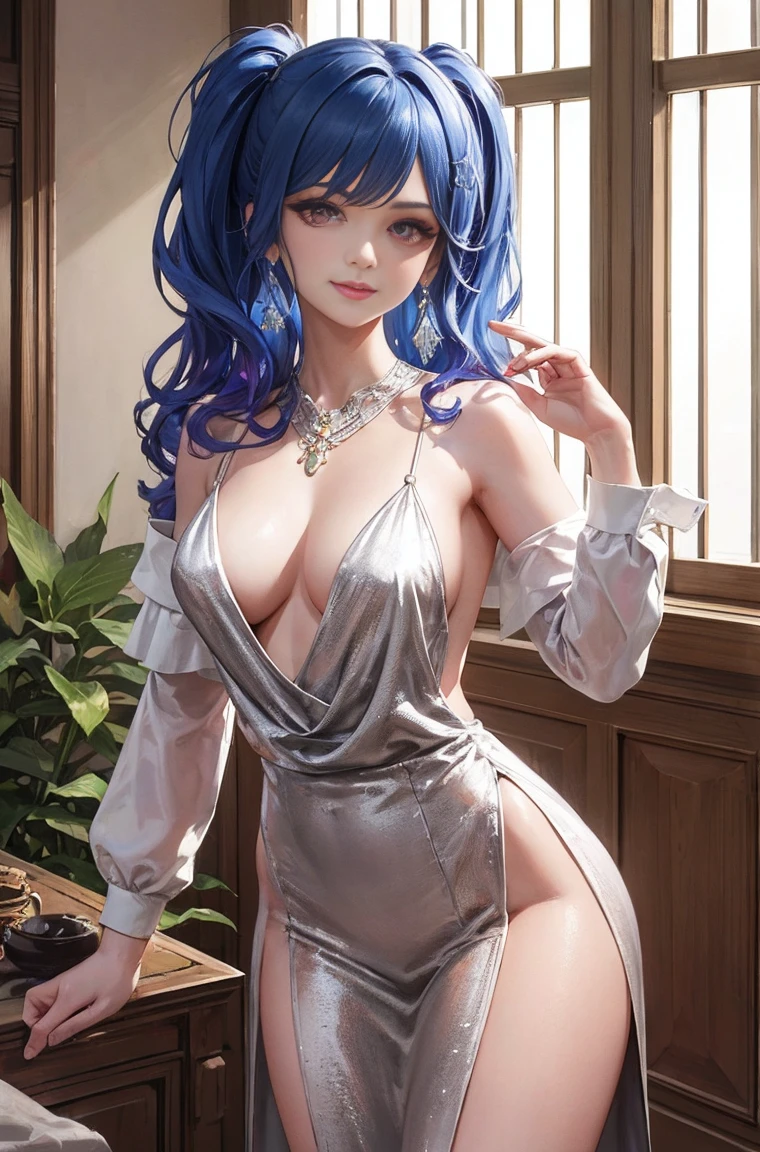 1 girl, cowboy shot, Beautiful Noelle_Silva,long hair ,twin tails, bangs, earrings,jewelry, silver hair,purple eyes, magician_dress,white dress, cleavage, capelet,long sleeve, water, Medium chest ,smile,room,indoors, front light, volume lighting, highest quality, masterpiece, intricate details, tone mapping, sharp focus, very detailed, Trending with ArtStation,