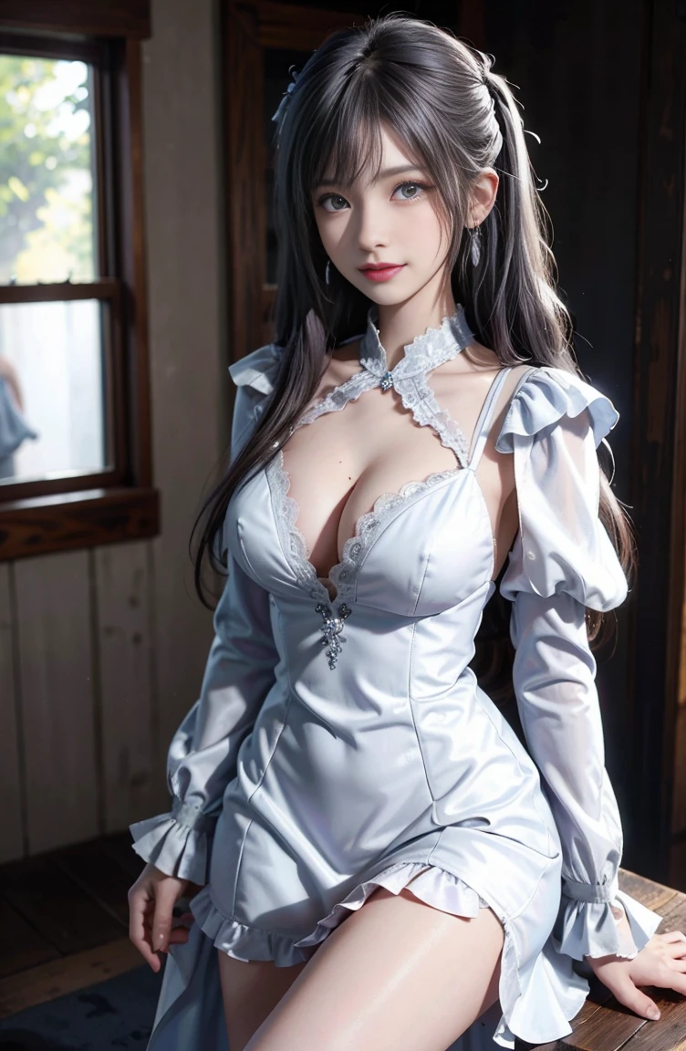 1 girl, cowboy shot, Beautiful Noelle_Silva,long hair ,twin tails, bangs, earrings,jewelry, silver hair,purple eyes, magician_dress,white dress, cleavage, capelet,long sleeve, water, Medium chest ,smile,room,indoors, front light, volume lighting, highest quality, masterpiece, intricate details, tone mapping, sharp focus, very detailed, Trending with ArtStation,