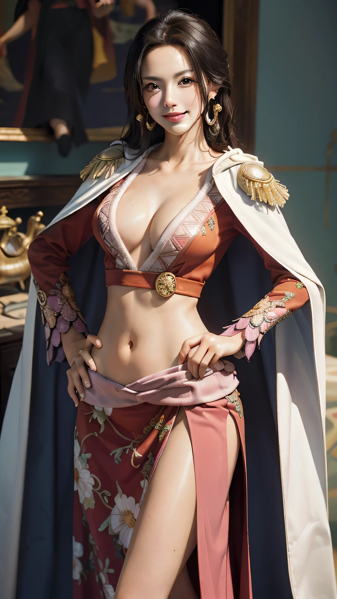 (masterpiece, best quality:1.2), cowboy shot, solo, 1girl, boa hancock, smile, looking at viewer, hand on hip, cape, epaulettes, cleavage, jewelry, earrings, midriff,oily skin