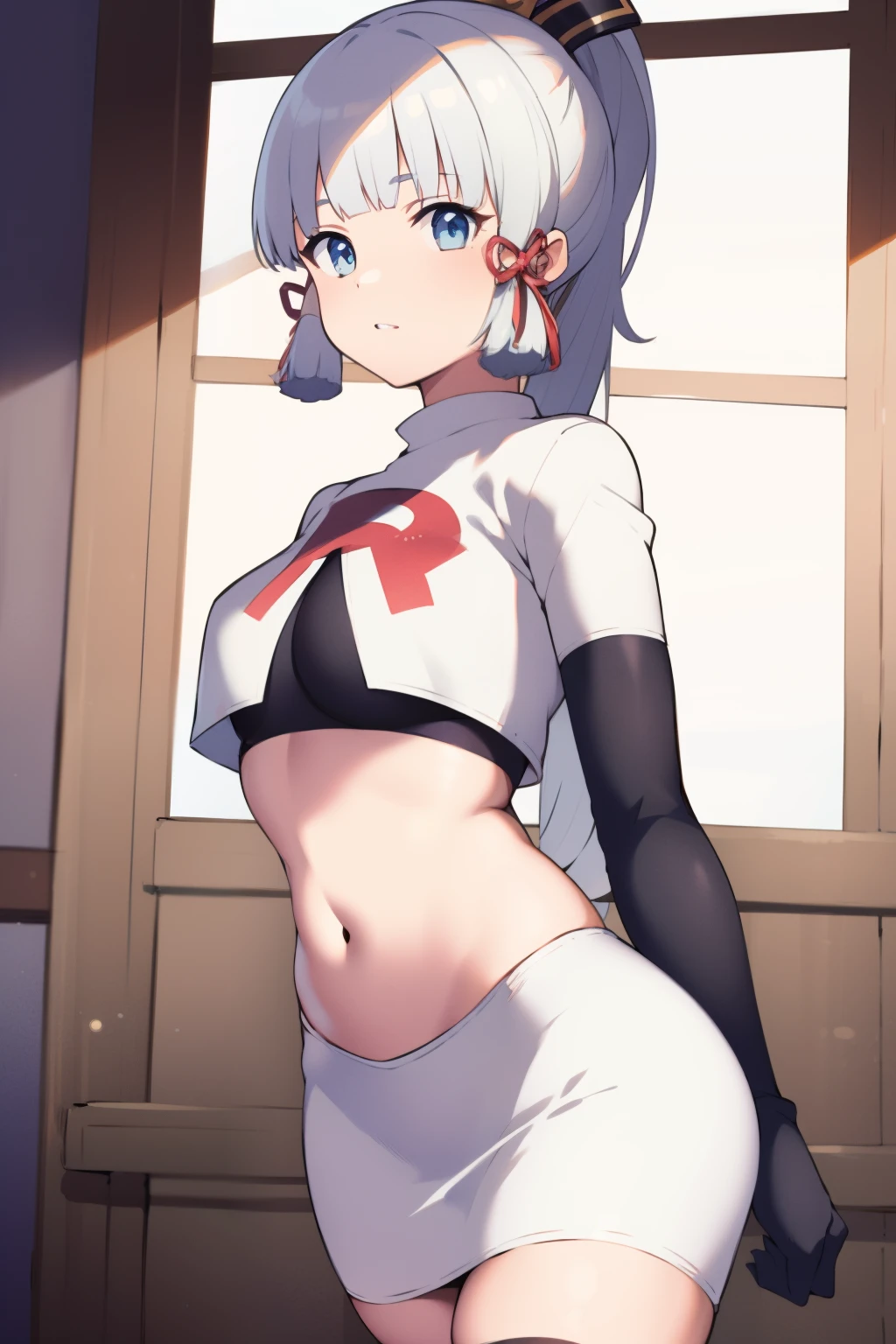 (masterpiece, best quality, ultra-detailed, illustration),genshin impact, kamisato, 1girl,solo,ayaka hair ornament,cowboy shot,ponytail, blunt bangs,blue eyes, eyebrows visible through hair, long hair, silver hair, looking at viewer,medium breasts,team rocket,team rocket uniform,white skirt,crop top,black thigh-highs,black elbow gloves,,