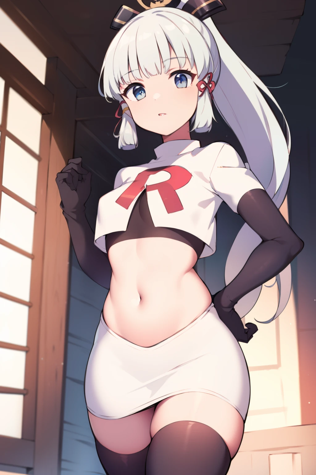 (masterpiece, best quality, ultra-detailed, illustration),genshin impact, kamisato, 1girl,solo,ayaka hair ornament,cowboy shot,ponytail, blunt bangs,blue eyes, eyebrows visible through hair, long hair, silver hair, looking at viewer,medium breasts,team rocket,team rocket uniform,white skirt,crop top,black thigh-highs,black elbow gloves,,