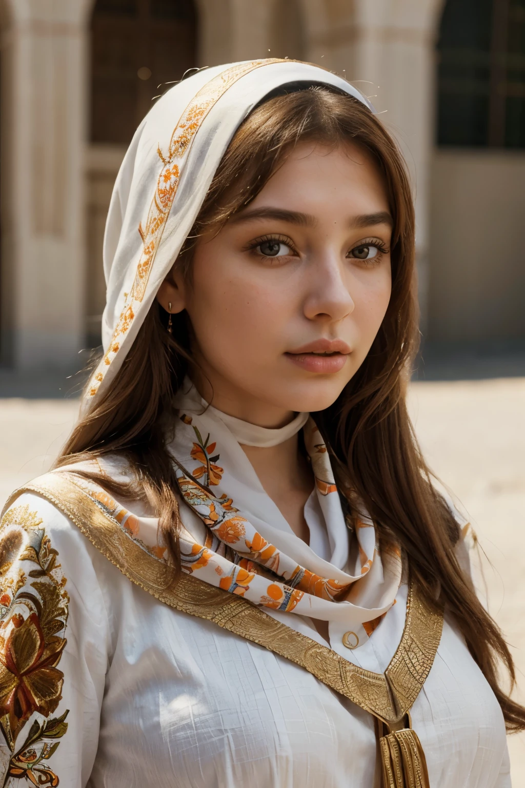 a close up portrait sophie mudd, with a white and orange head scarf, a hyperrealistic painting inspired by Maryam Hashemi, shutterstock contest winner, hyperrealism, middle eastern skin, arabic dress, may burca, beautiful female, imogen poots as a holy warrior, detailed face