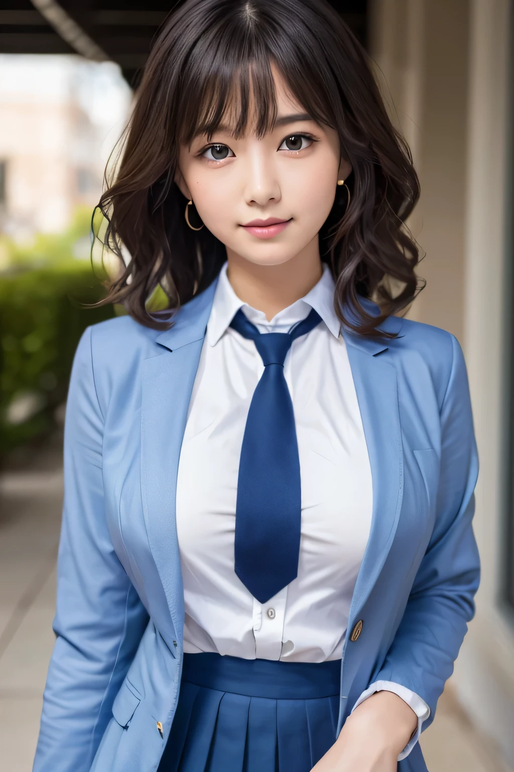 8K, highest quality, real image, intricate details, Super detailed, ultra high resolution, depth field,(realistic,realistic:1.2), frontal shot , From the middle , 1 girl, eye_Chan, very beautiful girl, innocent big eyes,、beautiful breasts:1.5、非常に詳細なeye:1.2)、(beautiful breasts:1.1)、wavy hair、curly hair、bangs、, perfect skin, Fair skin, cleavage, tight waist, huge breasts、light blush, alone、 looking at the viewer, light smile, ((School_uniform),(dark blue blazer), (white shirt、Wearing a tie), (gray pleated skirt), (sculpture installation :1.1)、High School Hallway
