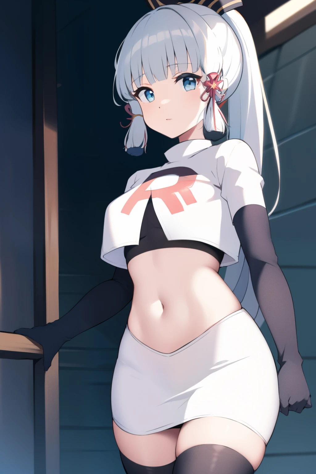 (masterpiece, best quality, ultra-detailed, illustration),genshin impact, kamisato, 1girl,solo,ayaka hair ornament,cowboy shot,ponytail, blunt bangs,blue eyes, eyebrows visible through hair, long hair, silver hair, looking at viewer,medium breasts,team rocket,team rocket uniform,white skirt,crop top,black thigh-highs,black elbow gloves,,