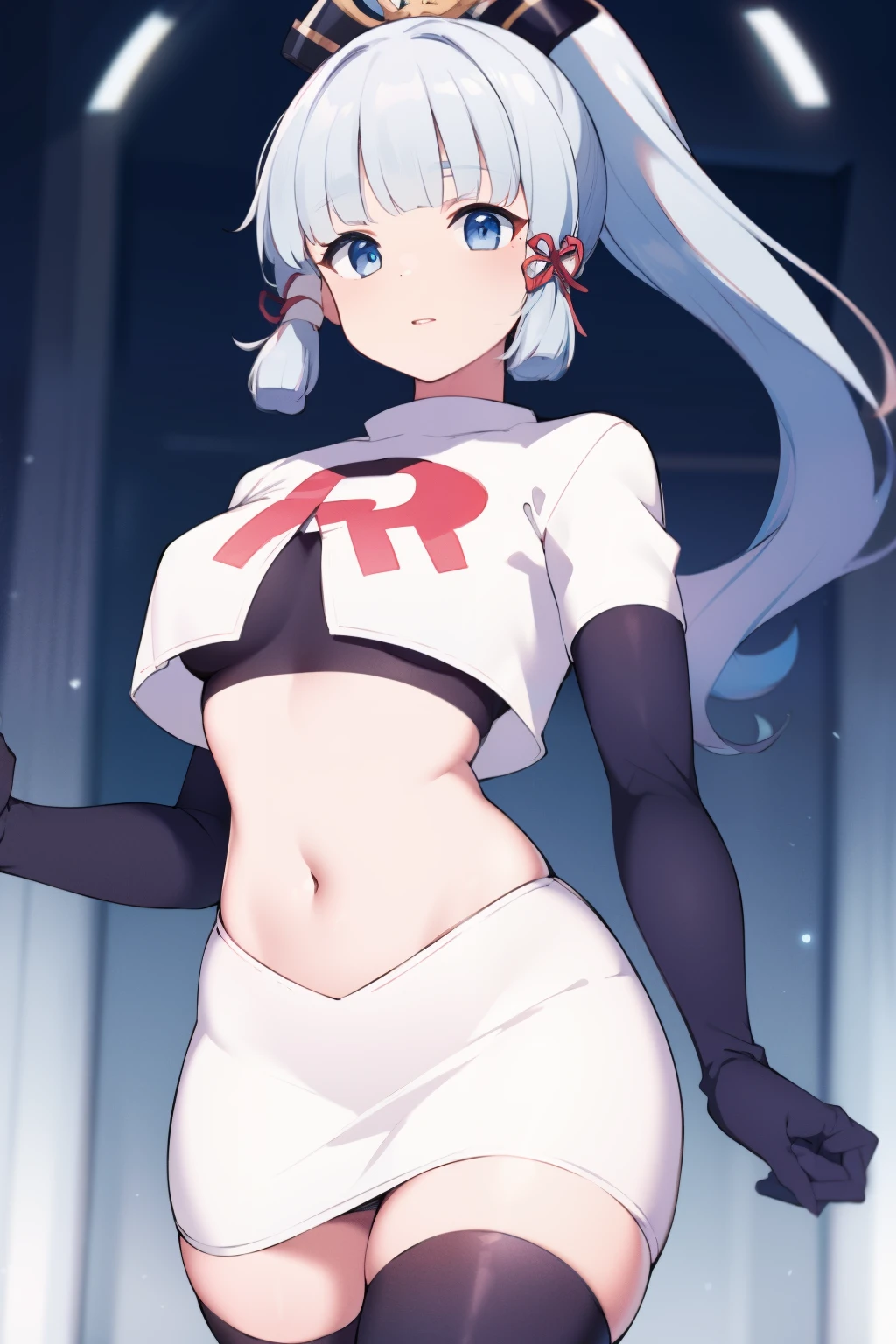 (masterpiece, best quality, ultra-detailed, illustration),genshin impact, kamisato, 1girl,solo,ayaka hair ornament,cowboy shot,ponytail, blunt bangs,blue eyes, eyebrows visible through hair, long hair, silver hair, looking at viewer,medium breasts,team rocket,team rocket uniform,white skirt,crop top,black thigh-highs,black elbow gloves,,