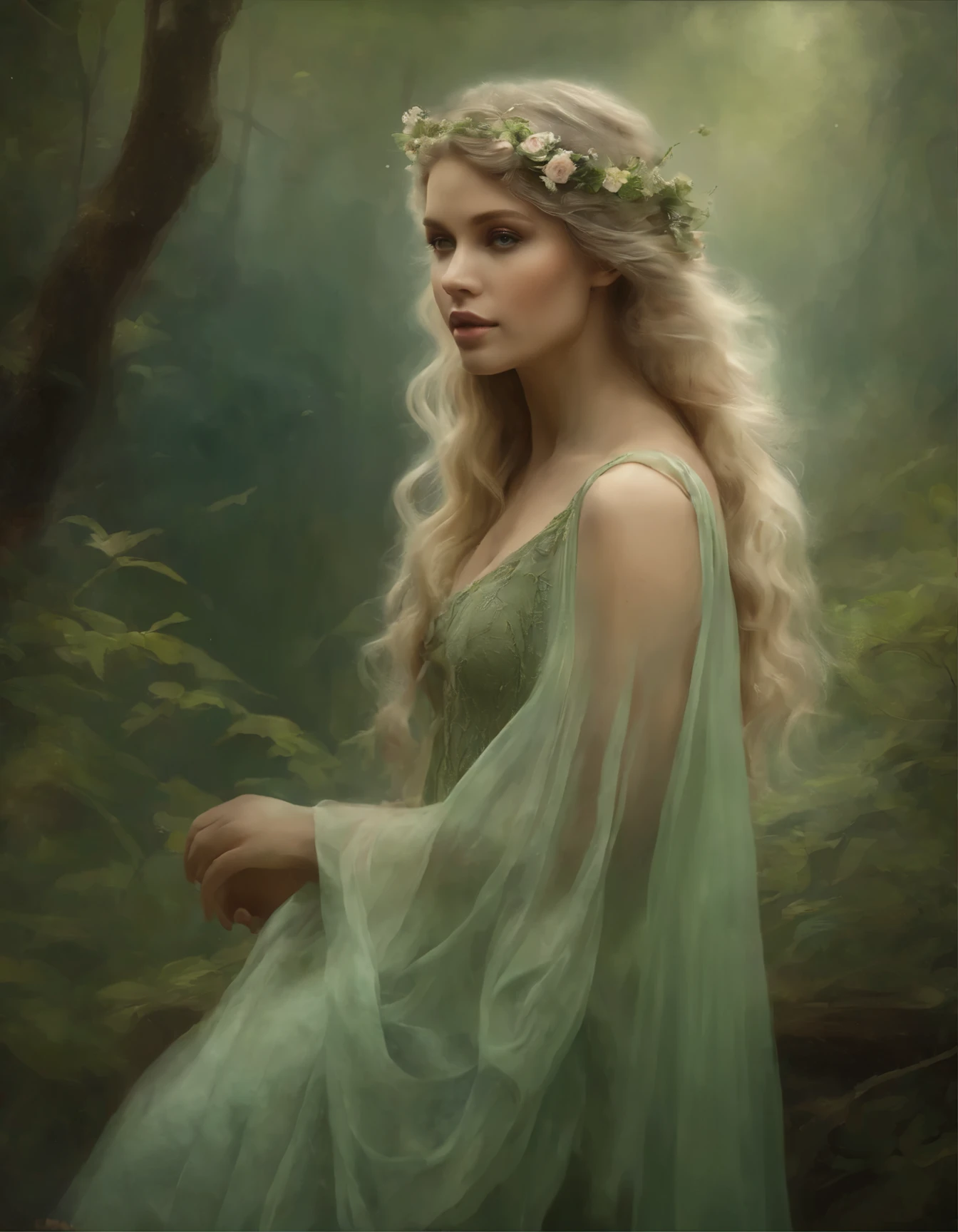 Soft Color Tones, the image combines realistic photography and oil painting with rough strokes, a realistic photograph from the bottom smoothly turns into an oil painting with rough strokes, the image shows a forest nymph with long light green hair, falling waves on the shoulders and chest, dressed in a soft dress, decorated with delicate delicate intricate patterns, light muted tones, Mysterious atmosphere, The work of the wizard, Soft Color Tones 
