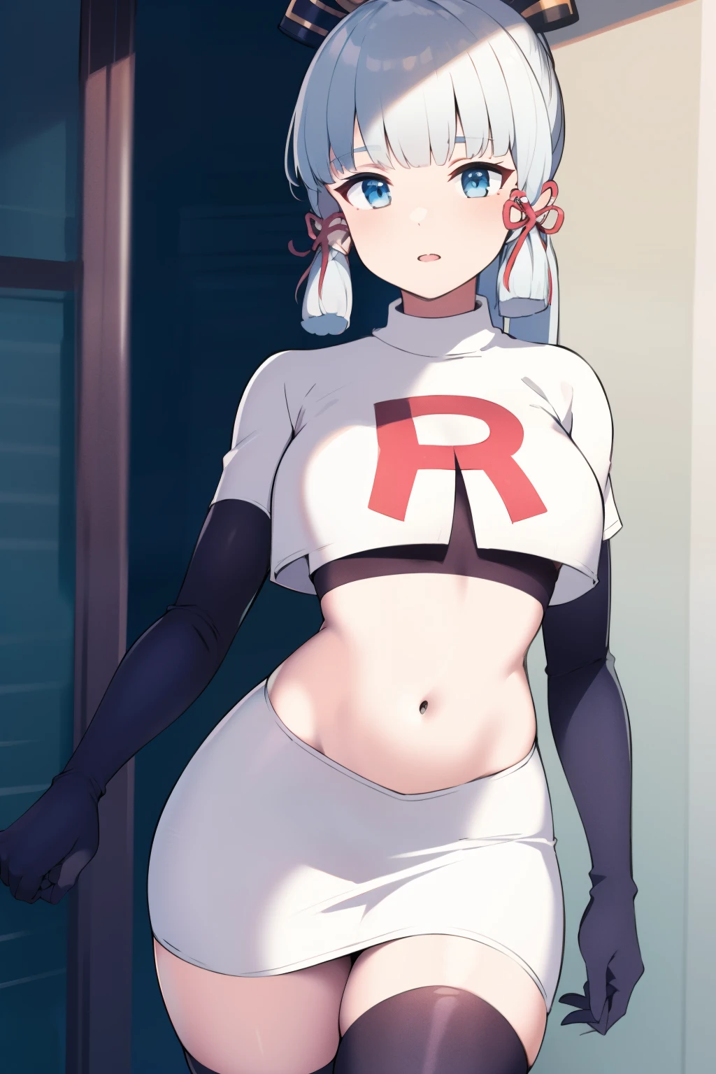 (masterpiece, best quality, ultra-detailed, illustration),genshin impact, kamisato, 1girl,solo,ayaka hair ornament,cowboy shot,ponytail, blunt bangs,blue eyes, eyebrows visible through hair, long hair, silver hair, looking at viewer,medium breasts,team rocket,team rocket uniform,white skirt,crop top,black thigh-highs,black elbow gloves,,