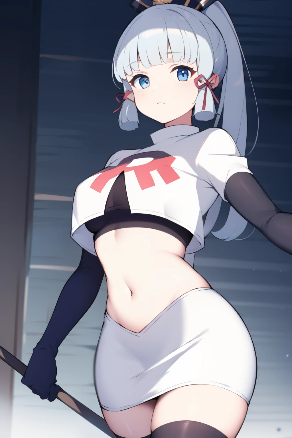 (masterpiece, best quality, ultra-detailed, illustration),genshin impact, kamisato, 1girl,solo,ayaka hair ornament,cowboy shot,ponytail, blunt bangs,blue eyes, eyebrows visible through hair, long hair, silver hair, looking at viewer,medium breasts,team rocket,team rocket uniform,white skirt,crop top,black thigh-highs,black elbow gloves,,