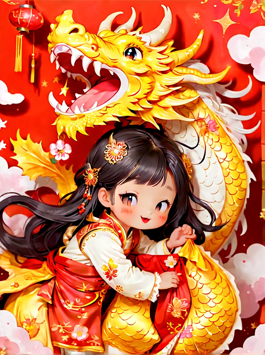 joyful and festive scene featuring a cute and lively 5--old ient Chinese princess embracing a fluffy-textured, mythical Chinese baby dr. Both are sleeping peacefully. The background is enhanced with festive decorations, such as lanterns, colorful banners, and traditional Chinese motifs, symbolizing celebration and happiness. This scene, rich in ancient Chinese cultural elements, captures a sense of joy and festivity, making the moment between the princess and the dragon even more endearing and magical, (花卉水彩画:1.5), (Ultra high saturation, bright and vivid colors: 1.5), (nsfw), (Facing the viewer: 1.5)