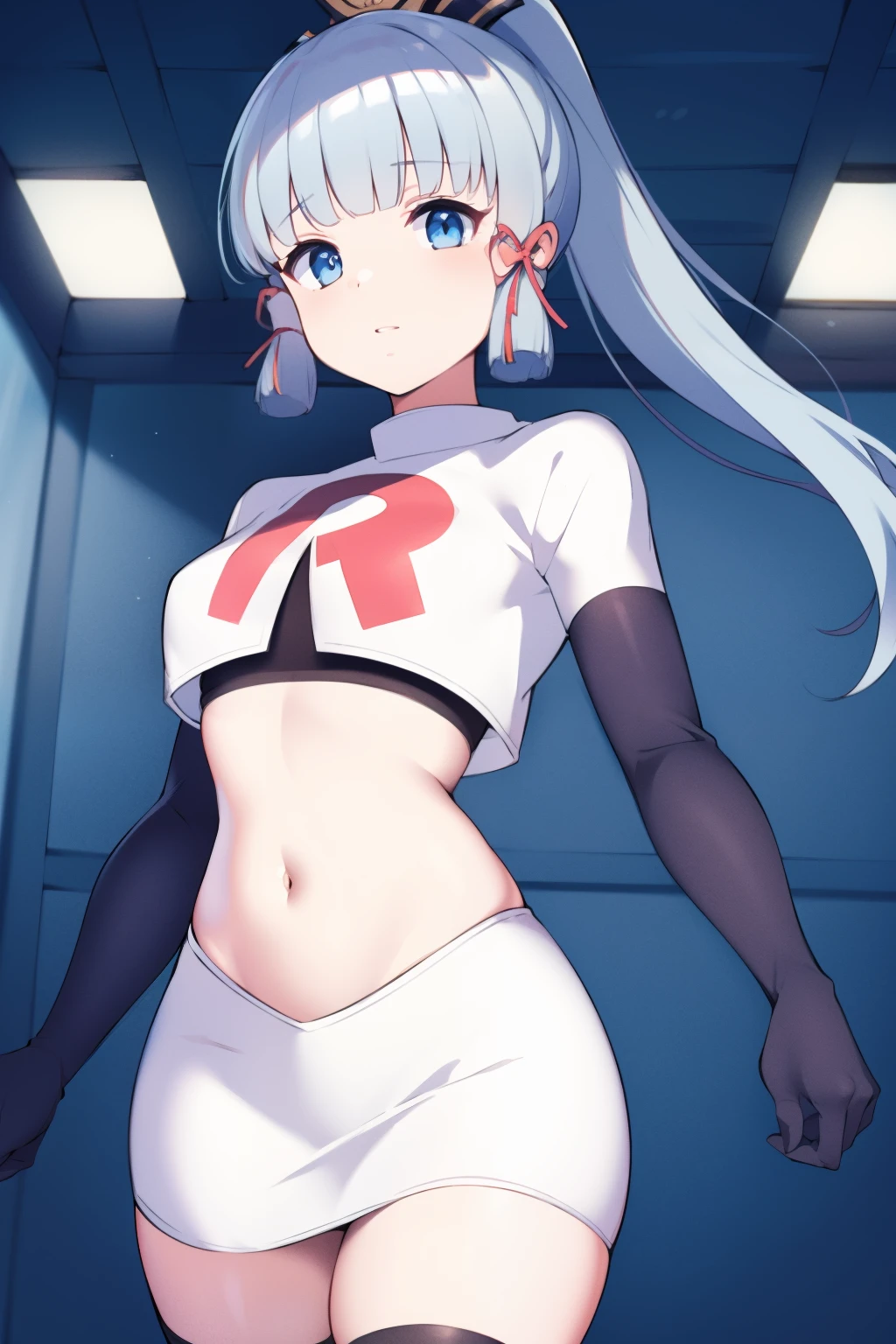 (masterpiece, best quality, ultra-detailed, illustration),genshin impact, kamisato, 1girl,solo,ayaka hair ornament,cowboy shot,ponytail, blunt bangs,blue eyes, eyebrows visible through hair, long hair, silver hair, looking at viewer,medium breasts,team rocket,team rocket uniform,white skirt,crop top,black thigh-highs,black elbow gloves,,