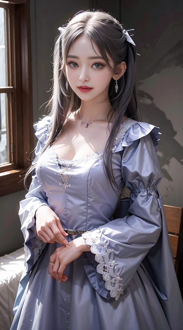 1 girl, cowboy shot, Beautiful Noelle_Silva,long hair ,twin tails, bangs, earrings,jewelry, silver hair,purple eyes, magician_dress,white dress, cleavage, capelet,long sleeve, water, Medium chest ,smile,room,indoors, front light, volume lighting, highest quality, masterpiece, intricate details, tone mapping, sharp focus, very detailed, Trending with ArtStation,
