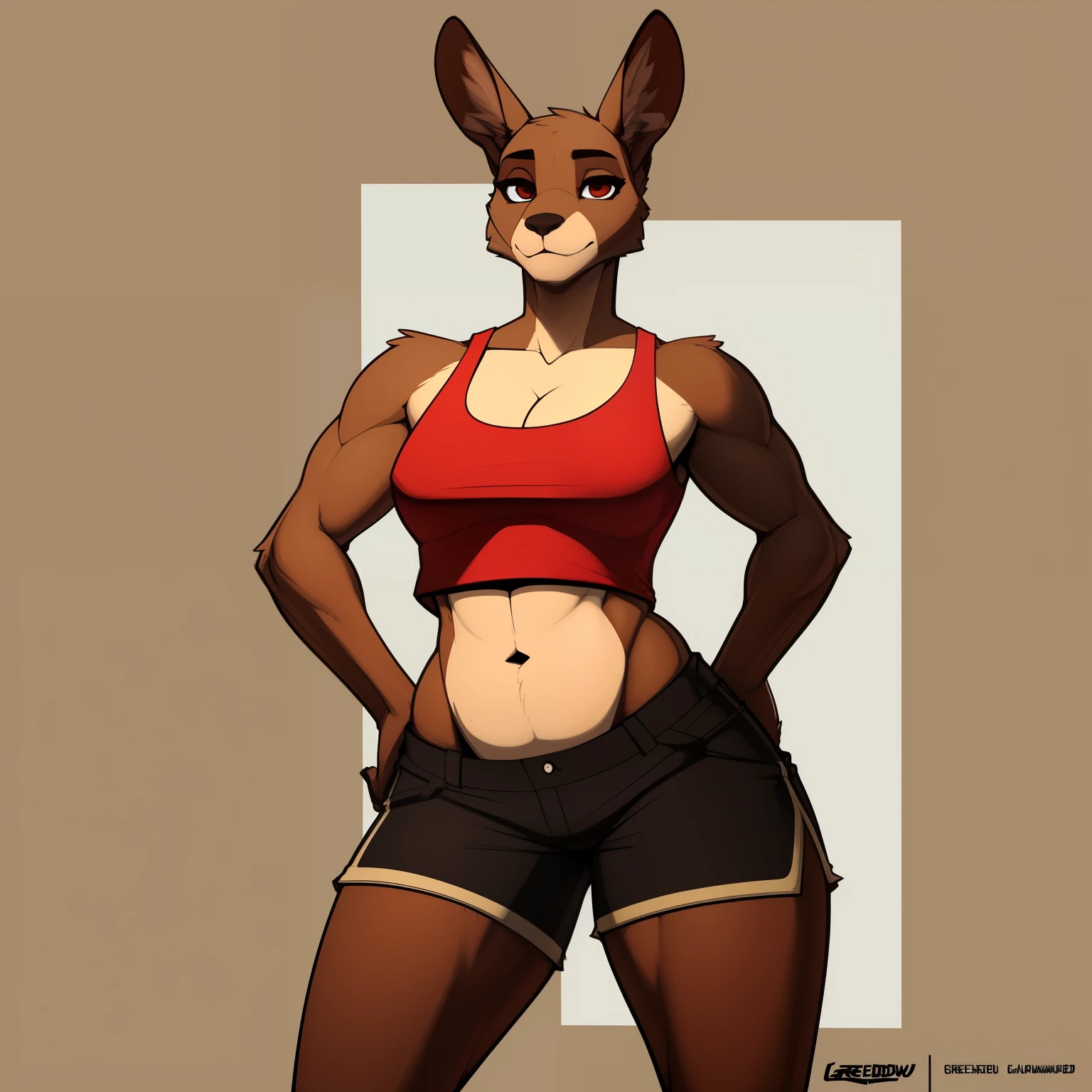 Lanky_muscular_kangaroo slight_belly wide_hips thick_thighs female brown_furry_body red_brown_eyes solo Masterpiece best_quality absurdres highly_detailed well_drawn_eyes anthro_only by_claweddrip by_greasymojo, by_underscore-b by_runawaystride tank_top shorts