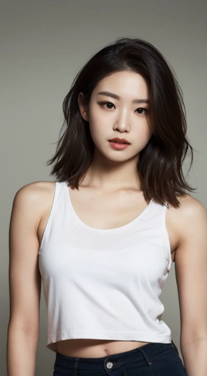 masterpiece, best quality, ultra-detailed, ultra high res, (photorealistic:1.4), raw photo, (realistic:0.2), 8k HDR, 1girl, solo, (looking at viewer), realistic lighting, asymmetrical hair, (detailed skin), (detailed face), (simple gray background :1.1), (upper body:1.5), simple dress, sleeveless,