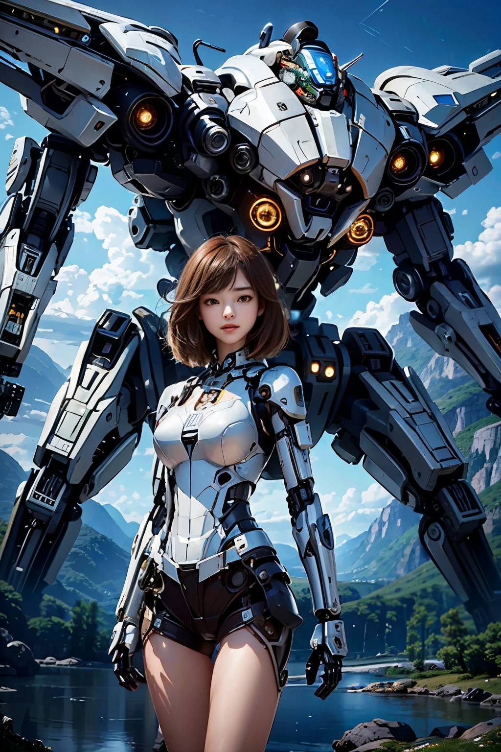A girl seamlessly integrated with a cool mecha in a realistic style, high-definition (HD) graphic representation. The mecha's metallic surface shines with intricate details, reflecting the girl's radiant eyes. The harmonious blend of organic and mechanical forms creates a breathtaking scene,showcasing the perfect synergy between technology and humanity.