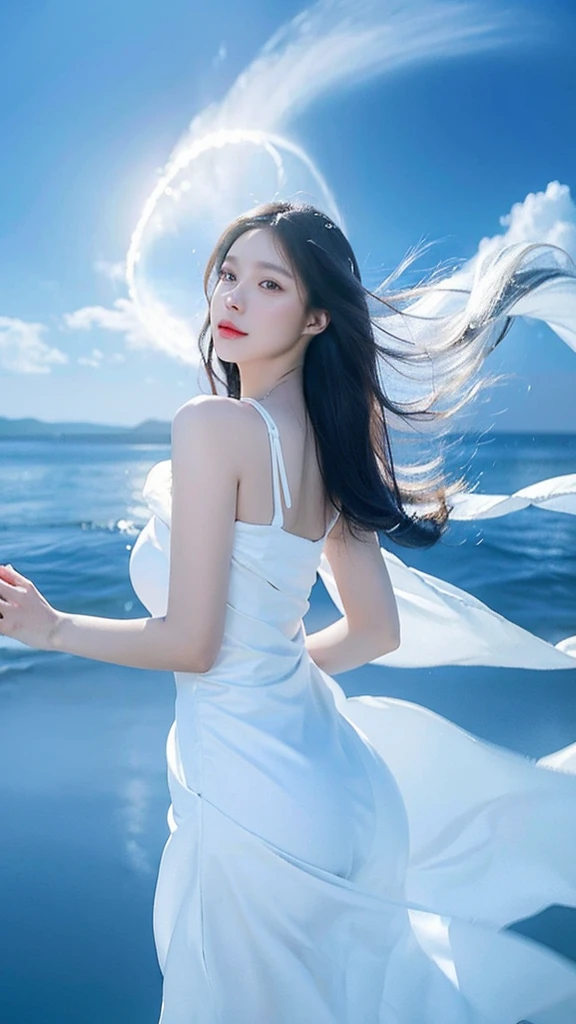 a painting beautiful women in white gowns, in the style of dynamic energy flow, light blue and light white. realistic marine paintings, dynamic and expressive animations, aurorapunk, digital painting, minimalist purity