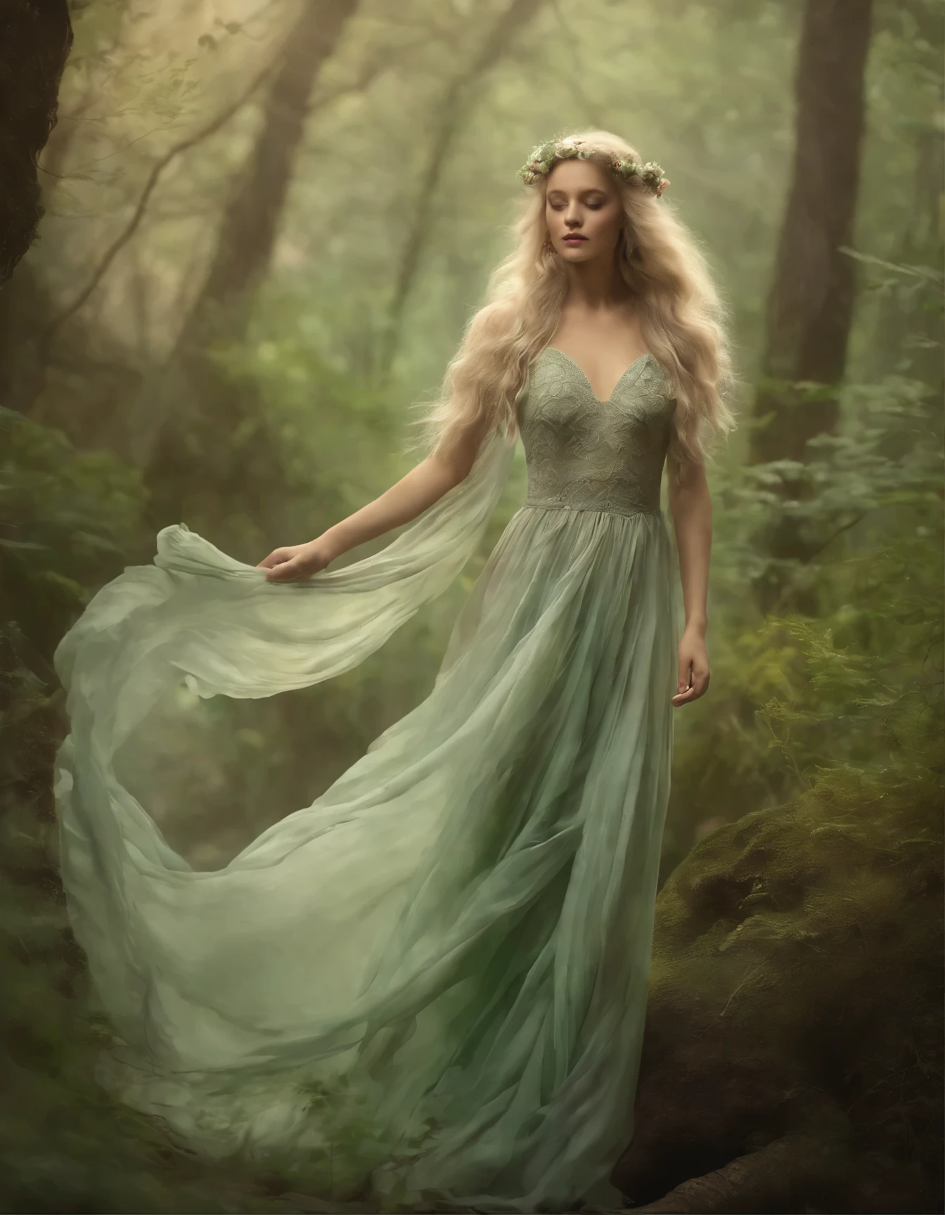Soft Color Tones, the image combines realistic photography and oil painting with rough strokes, a realistic photograph from the bottom smoothly turns into an oil painting with rough strokes, the image shows a forest nymph with long light green hair, falling waves on the shoulders and chest, dressed in a soft dress, decorated with delicate delicate intricate patterns, light muted tones, Mysterious atmosphere, The work of the wizard, Soft Color Tones
