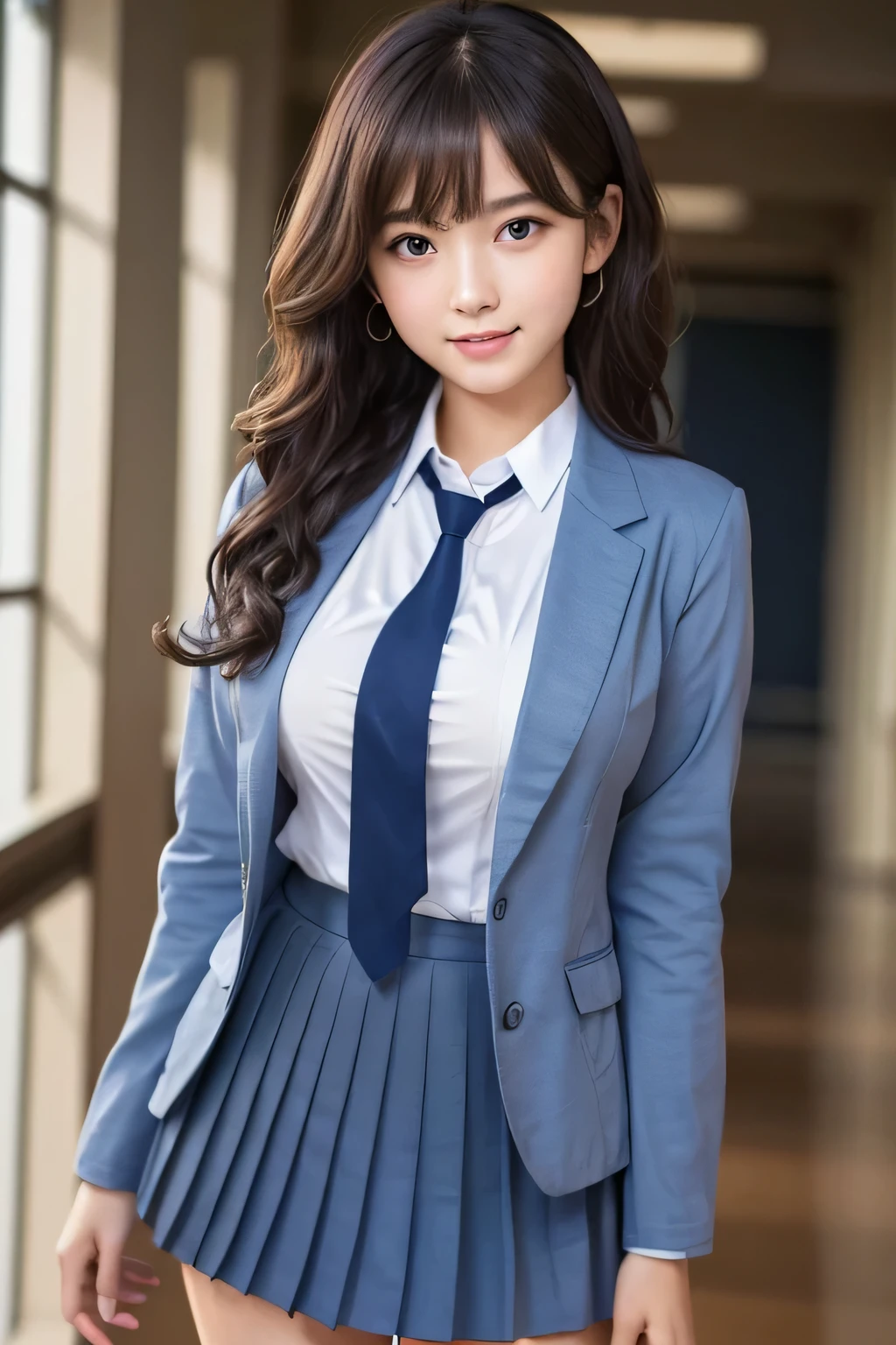 8K, highest quality, real image, intricate details, Super detailed, ultra high resolution, depth field,(realistic,realistic:1.2), frontal shot , From the middle , 1 girl, eye_Chan, very beautiful 17 year old girl, white teeth, innocent big eyes,、beautiful breasts:1.5、非常に詳細なeye:1.2)、(beautiful breasts:1.1)、wavy hair、curly hair、bangs、, perfect skin, Fair skin, cleavage, tight waist, huge breasts、light blush, alone、 looking at the viewer, light smile, ((School_uniform),(dark blue blazer), (white shirt、Wearing a tie), (gray pleated skirt), (sculpture installation :1.1)、High School Hallway