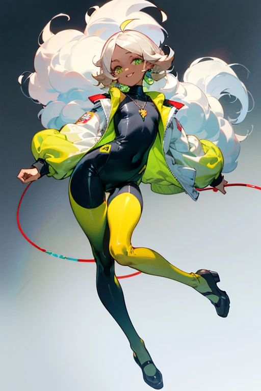(Masterpiece: 1.5, best quality, high resolution: 1.3, super resolution, super detailed, ultra detailed: 1.3, rich background: 1.2, 1 woman)) dark skin + pale hair + fluffy curly hair + lime green eyes + long eyelashes + feminine body + small chest + wide hips + thick thighs (intricate wetsuit, gradient thigh-high stockings, fluffy jacket like clouds, intricate shoes, simple short necklace, long necklace with an emblem) ((smiles, turning to look at the viewer, color background effects)) (colors for clothing and accessories: yellow, black, white, cream, red, light blue, lime green)