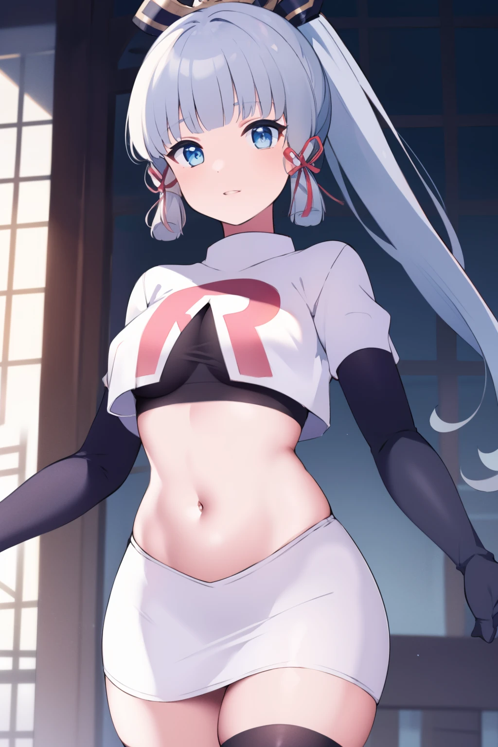 (masterpiece, best quality, ultra-detailed, illustration),genshin impact, kamisato, 1girl,solo,ayaka hair ornament,cowboy shot,ponytail, blunt bangs,blue eyes, eyebrows visible through hair, long hair, silver hair, looking at viewer,medium breasts,team rocket,team rocket uniform,white skirt,crop top,black thigh-highs,black elbow gloves,,