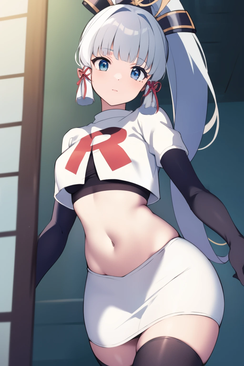 (masterpiece, best quality, ultra-detailed, illustration),genshin impact, kamisato, 1girl,solo,ayaka hair ornament,cowboy shot,ponytail, blunt bangs,blue eyes, eyebrows visible through hair, long hair, silver hair, looking at viewer,medium breasts,team rocket,team rocket uniform,white skirt,crop top,black thigh-highs,black elbow gloves,,