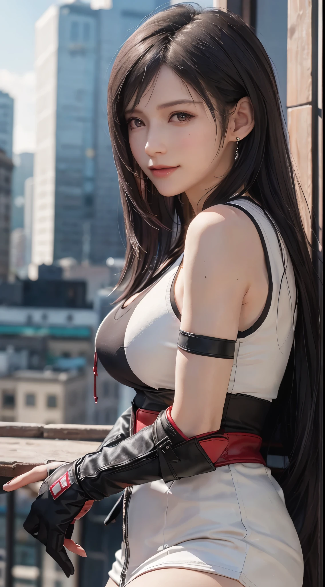 8k，masterpiece，basic quality，big deal，（1 girl），Tifa Lockhart，red eyes，top down view，The rooftops of the city，black hair color hair，long white hair，professional lighting，（shiny skin：1.2），shiny big，（（best quality）），lock focus：1.2，Highly detailed facial and skin textures，delicate eyes，is a perfect face，Perfect body，blur art，CG，background with，20 years old，Mature and cool face，wear（（Black slip dress），black elbow gloves， White tight shirt，thigh，white vest），blush blush，Lively posture，（mittgal），flowing hair，Close-up above the chest，Smile，split