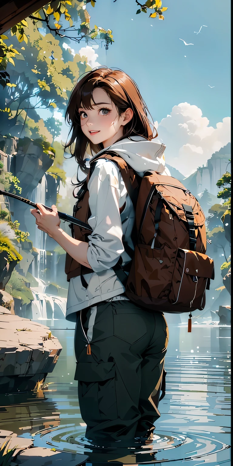masterpiece、High resolution 8K、sharp focus、contrast lighting、ultra high resolution、ultra high resolution、Detailed CG、that&#39;that&#39;that&#39;that&#39;that&#39;It&#39;s snowing、Low - Angle、full body shot、Beautiful woman、beautiful eyes、(detailed face and iace:1 2)、narrow eyes、almond eye、brown eyes、gradation eye、highlight:1.2)、(beautiful reddish brown hair、asymmetrical bangs、long hair、dancing hair、(small chest size) 、(oval face : 1.4)、(thin fingered arms、detailed human hand)、Woman fishing in the river、Beautiful and wide river、Flowing waterfall、rock surface、moss、forest、Mont、blue sky、Flowing clouds、vapor、mist、full body pose、Holding a fishing rod in your hand、Fishing lure rod、Outdoor Vest、hoodie、Waders、Long pants for fishing、Big backpack)、A woman fishing with a fishing rod in her hand pointing toward the water surface、big swallowtail butterfly、naughty smile、laughing、teeth visible