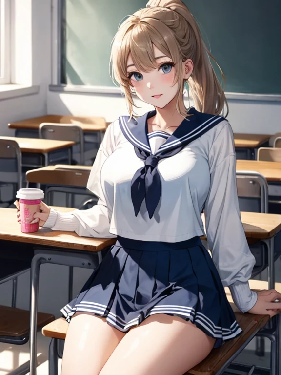 highest quality,masterpiece, High resolution, 8K,  detailed background、Beautiful teenage girl、(1 woman),cute hairstyle、ponytail、cute hair color、perfect body、huge breasts、white sailor suit、summer clothes、bright light blue sailor color、(bright light blue pleated skirt)、high socks、classroom、thick thighs、sitting、Disgusting look、sexual expression、Flip up the skirt to show the pants、Panty shot、panty shot