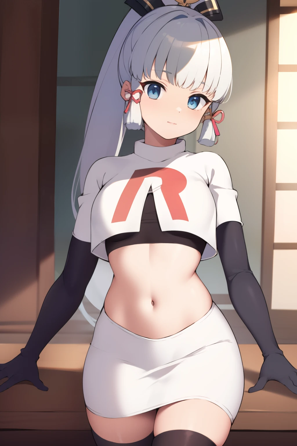 (masterpiece, best quality, ultra-detailed, illustration),genshin impact, kamisato, 1girl,solo,ayaka hair ornament,cowboy shot,ponytail, blunt bangs,blue eyes, eyebrows visible through hair, long hair, silver hair, looking at viewer,medium breasts,team rocket,team rocket uniform,white skirt,crop top,black thigh-highs,black elbow gloves,,