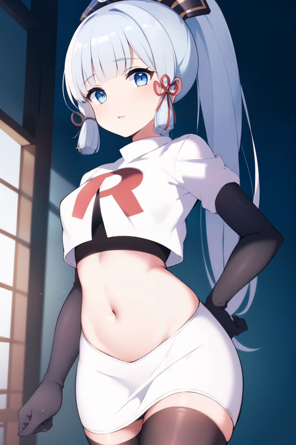 (masterpiece, best quality, ultra-detailed, illustration),genshin impact, kamisato, 1girl,solo,ayaka hair ornament,cowboy shot,ponytail, blunt bangs,blue eyes, eyebrows visible through hair, long hair, silver hair, looking at viewer,medium breasts,team rocket,team rocket uniform,white skirt,crop top,black thigh-highs,black elbow gloves,,