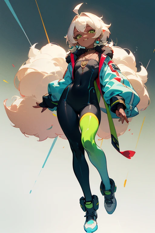 (Masterpiece: 1.5, best quality, high resolution: 1.3, super resolution, super detailed, ultra detailed: 1.3, rich background: 1.2, 1 woman)) dark skin + pale hair + fluffy curly hair + lime green eyes + long eyelashes + feminine body + small chest + wide hips + thick thighs (intricate wetsuit, gradient thigh-high stockings, fluffy jacket like clouds, intricate shoes, simple short necklace, long necklace with an emblem) ((smiles, turning to look at the viewer, color background effects)) (colors for clothing and accessories: yellow, black, white, cream, red, light blue, lime green)
