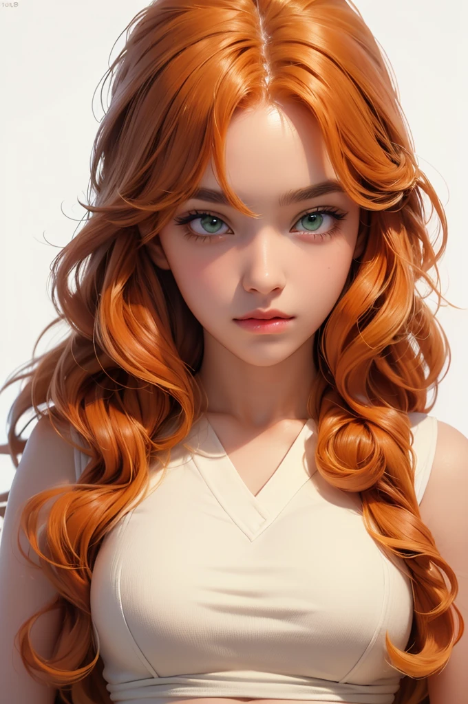 Best-Quality, Masterpiece, Ultra-High-Resolution, (photoreaslistic:1.4), Raw-Photo, 1girl, long curly hair, long eyelashes, solid circle eyes, textured skins, human realistic skins, extremely cute face, amazingly beautiful big black eyes, super detail, high details, 16k, looking at viewer, korean girl, curly hair, natural orange hair, ginger, green eyes, cute face, cute eyes, cute bangs, white sleeveless, warm yellow background