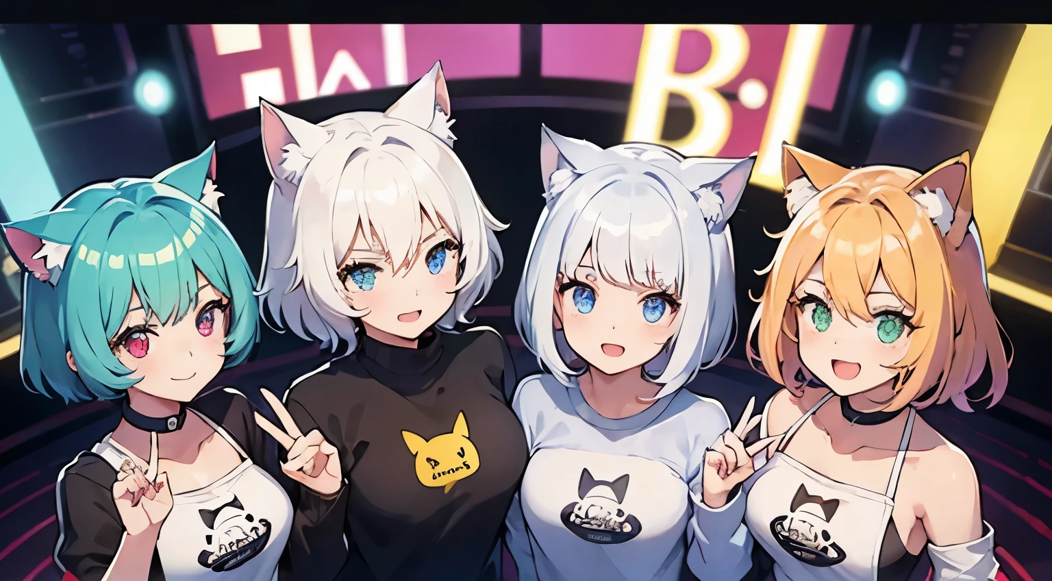 Girl with short white hair and cat ears，voluminous hair，Heterochromic pupillack roomy sweatshirt，Raise both hands，cheer，Beth，head gear，Eyes glow，having fun，Multiple people take a group photo