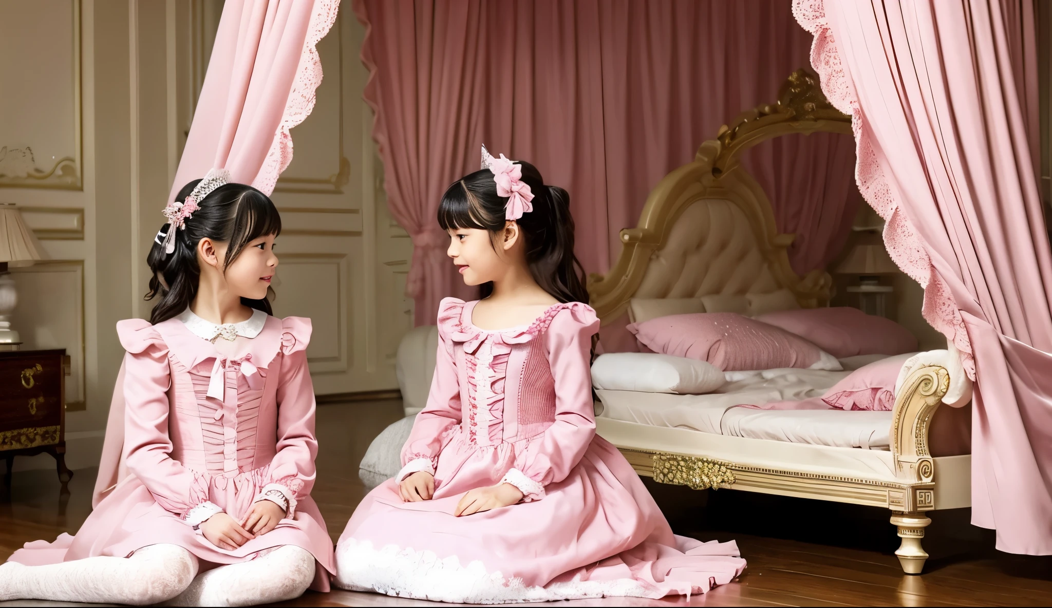 highest quality, masterpiece, highest resolution, artwork, super それにget used to it, many get used to it, get used to it, それにget used to it, woman, ,the two girls are princesses,((pink victorian dress)),long sleeve,long dress,A dress with lots of frills and ribbons..,luxury,Tzu-kiss,victorian style bedroom,Victorian canopy bed at the back,Fluffy futon,Fluffy pillow,two people sitting on the bed,