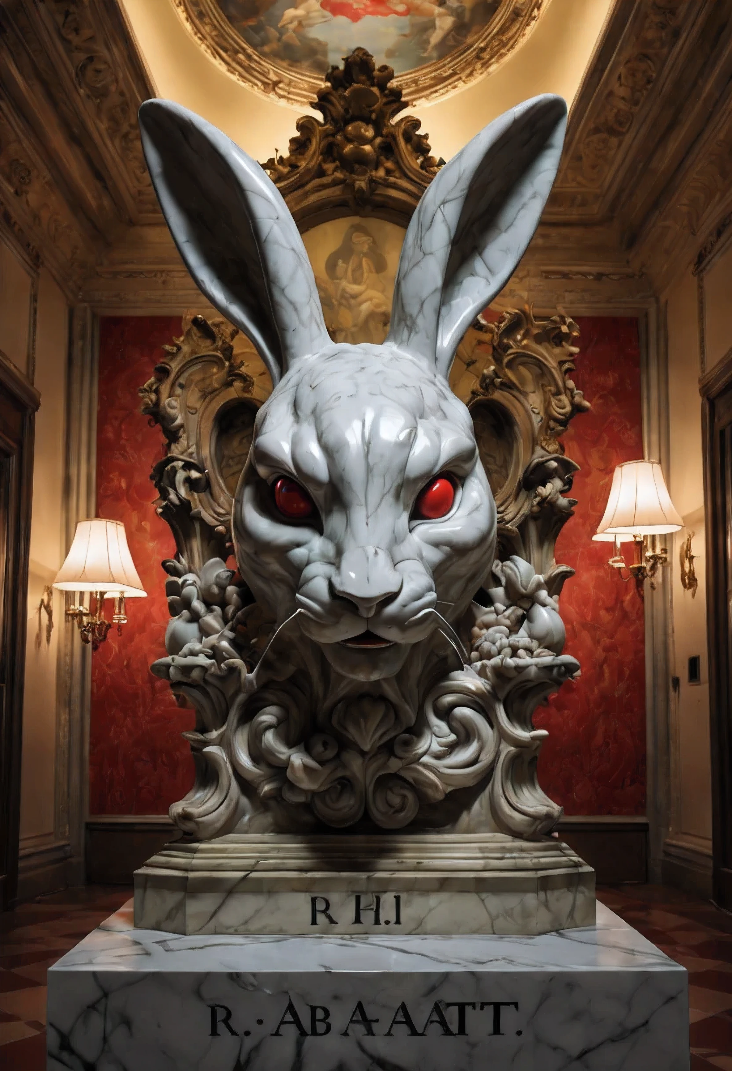 a (movie poster with title and text graphics:1.3) (under the title banner text logo "R\A\B\B\I\T":1.5), A red piece of art that looks like a baroque male anthropomophic-rabbit-head, a marble sculpture by alberto seveso, inside a museum, dramatic lighting trending on cgsociety, art nouveau, rococo, biomorphic, marble sculpture, high saturation