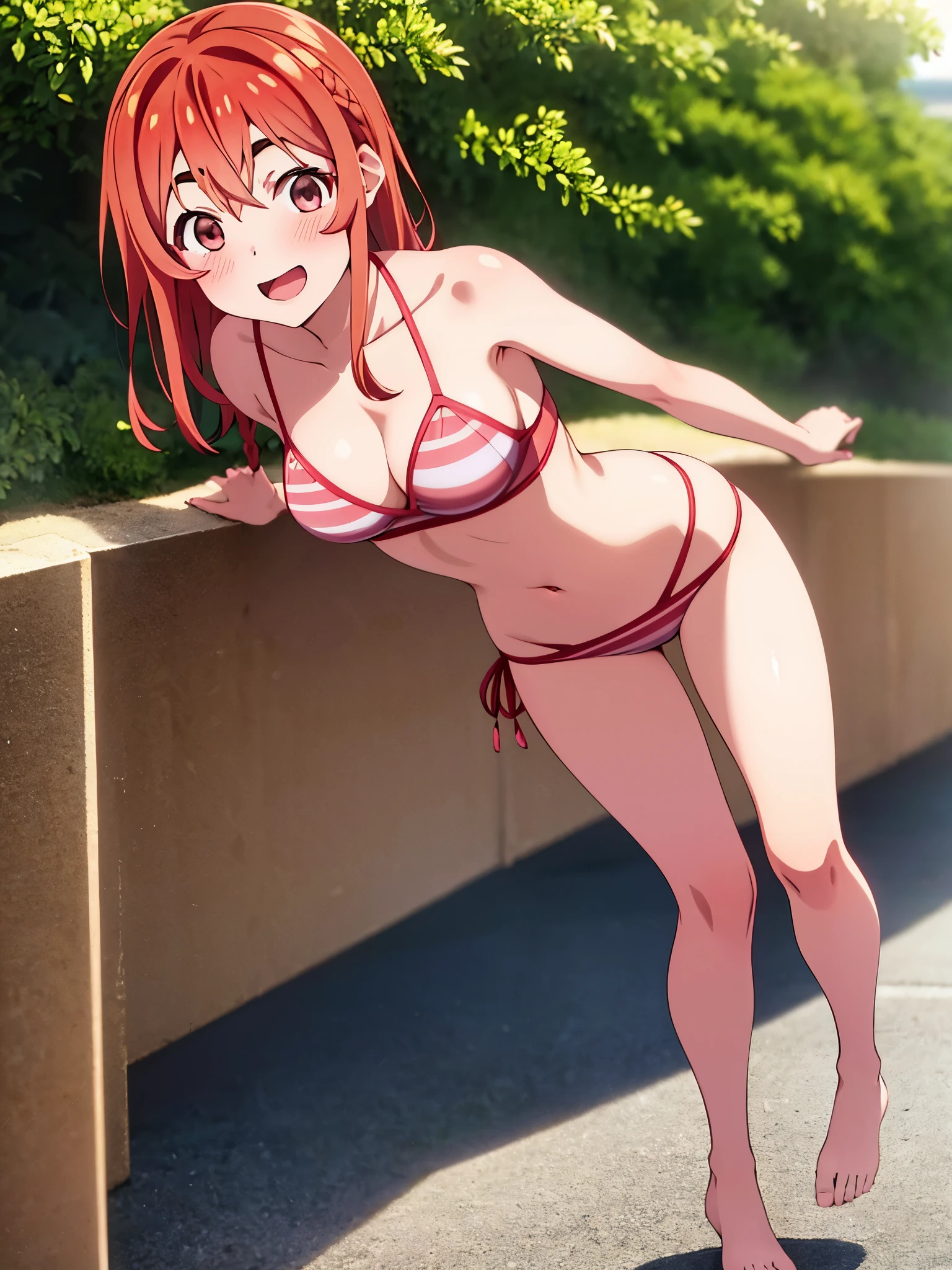 sumi sakurasawa, happy smile, bikini, medium reddish pink hair, one braid hair in right side with hairpin, reddish pink eyes, barefoot, high res, ultrasharp, best quality, 8K, masterpiece, looking at viewer