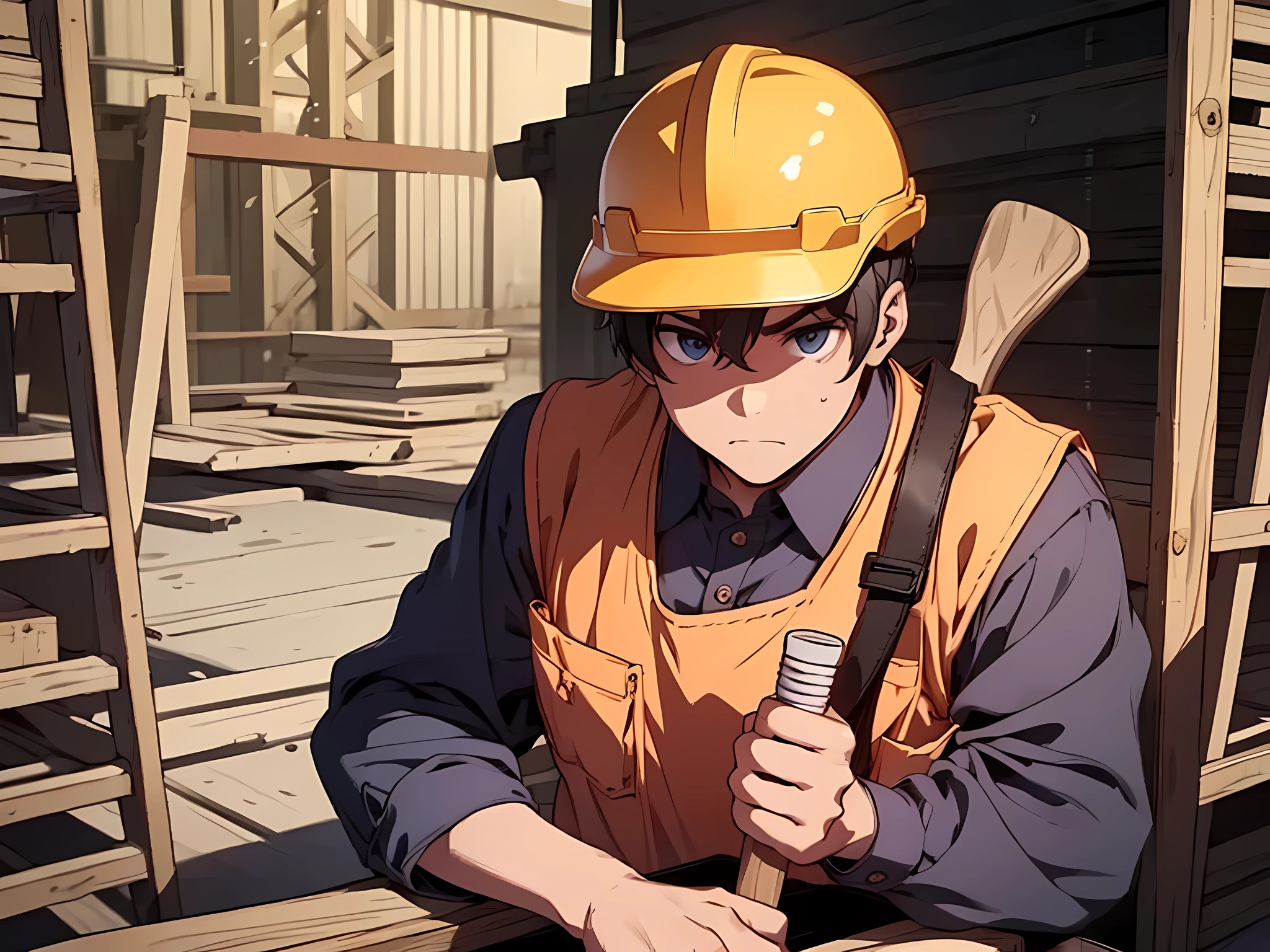 1 man, construction workers outfit with yellow construction vest, holding a pickaxe, navy hair, short hair, black eye color, face to detail, detailed eyes, exhausted expression, the background is construction area, full-body illustration