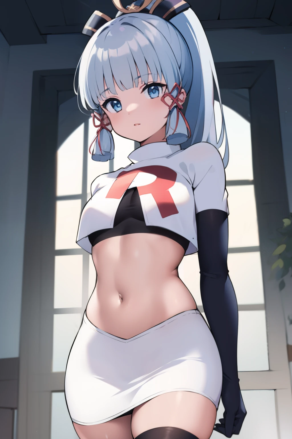 (masterpiece, best quality, ultra-detailed, illustration),genshin impact, kamisato, 1girl,solo,ayaka hair ornament,cowboy shot,ponytail, blunt bangs,blue eyes, eyebrows visible through hair, long hair, silver hair, looking at viewer,medium breasts,team rocket,team rocket uniform,white skirt,crop top,black thigh-highs,black elbow gloves,,