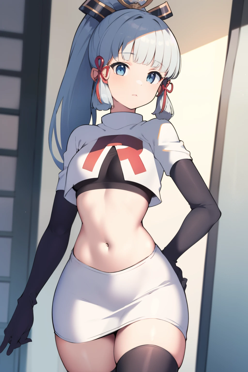 (masterpiece, best quality, ultra-detailed, illustration),genshin impact, kamisato, 1girl,solo,ayaka hair ornament,cowboy shot,ponytail, blunt bangs,blue eyes, eyebrows visible through hair, long hair, silver hair, looking at viewer,medium breasts,team rocket,team rocket uniform,white skirt,crop top,black thigh-highs,black elbow gloves,,