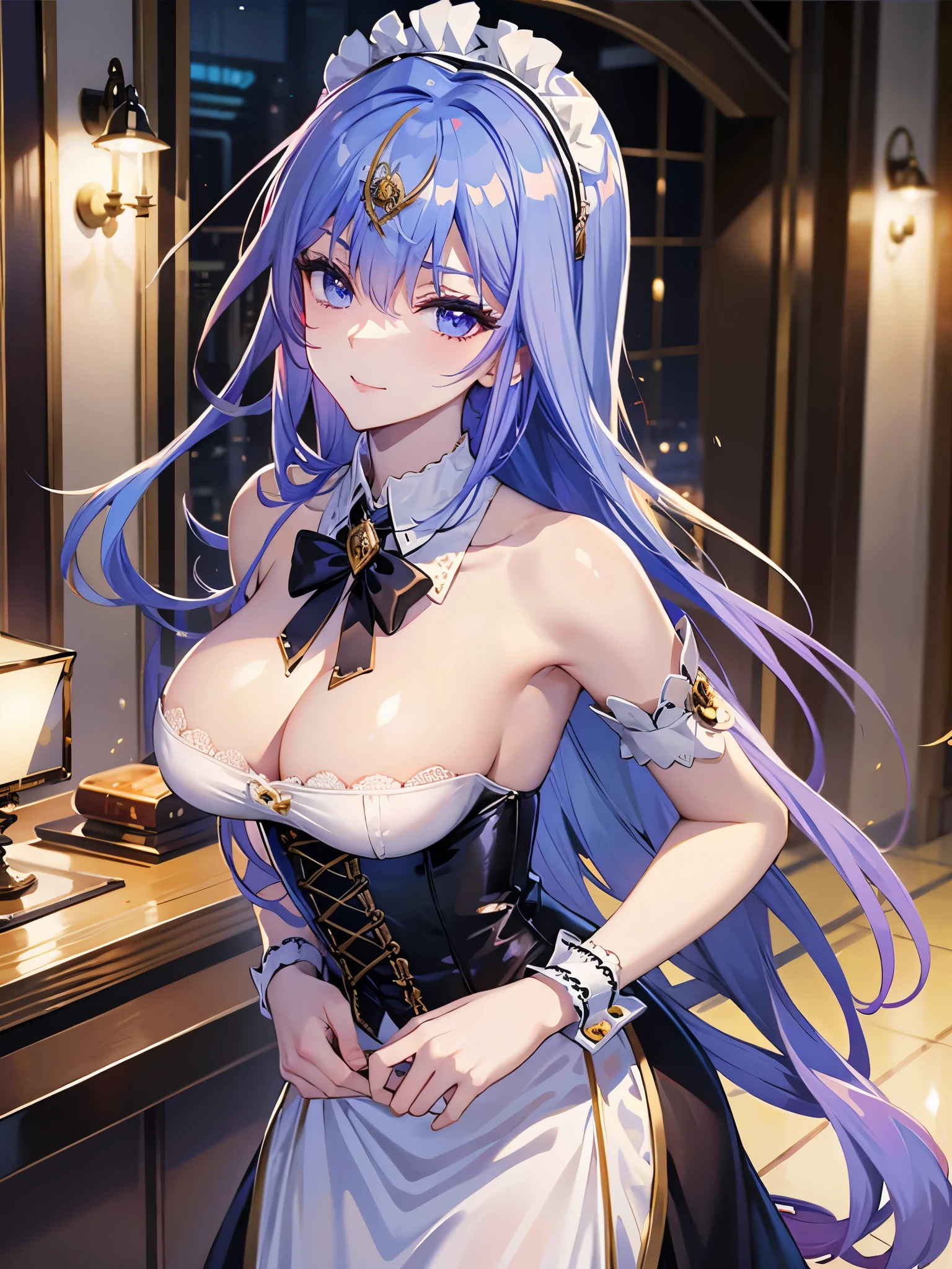 Tang Wutong, big boobs, wearing Victorian maid dress, cafe