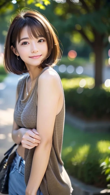 (highest quality,8K quality,masterpiece:1.3,),(ultra high resolution:1.3,Photoreal:1.4,RAW photo:1.2),(Super detailed:1.2,shiny skin,fine skin:1.1),(detailed face,perfect anatomy,caustics:1.2),on the lawn,sleep on your back,overhead view,,1 girl,cute,Japanese,22 years ago,Japanese ID,natural brown hair,Curl short hair outward,cute目,natural makeup,Sex worker,laughter,look at the camera,up on the face,face focus,professional lighting,natural soft light,small tits, Low position, Low - Angle