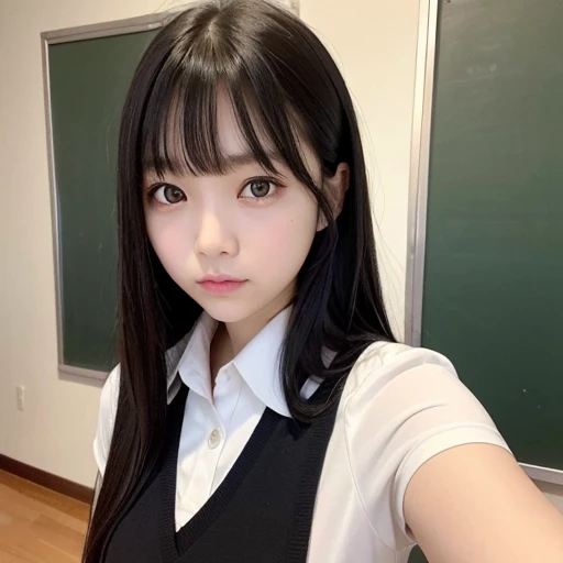 1 girl, Taiwan 10 ago, (((school uniform))), 10 years beautiful junior high school girl, black hair, ((big eyes that shine like jewels)), no makeup, beautiful bangs, hair between the eyes, ( (Masterpiece, Top Quality, Super Detailed, Intricate Details, High Resolution, Very Detailed)), Detailed Background, gloomy, school class room, lob, (((shoulder length hair))), selfie