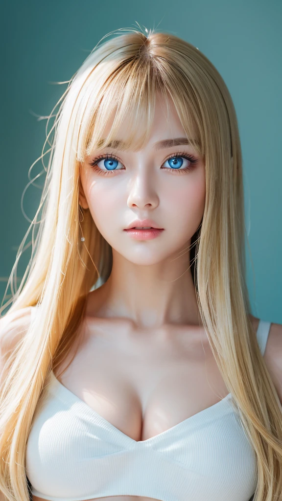 Nature photography of a beautiful girl, Wear a loose-fitting crop top, to protect myself, long, puffy blonde hair, large bust, messy bangs between eyes、fix your gaze on the camera, eye shadow, symmetrical eyes, plane of symmetry, photorealism, photography, Pfadverfolgung, specular lighting, Volumetrisches Gesichtslicht, path traced hair, visible shadow, complicated, expensive, blank background、Very beautiful bright light blue eyes、very big eyes、very white bright glossy skin、cheek gloss highlight