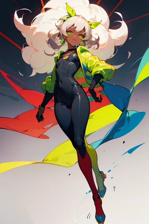 (Masterpiece: 1.5, best quality, high resolution: 1.3, super resolution, super detailed, ultra detailed: 1.3, rich background: 1.2, 1 woman)) dark skin + pale hair + fluffy curly hair + lime green eyes + long eyelashes + feminine body + small chest + wide hips + thick thighs (intricate wetsuit, gradient thigh-high stockings, fluffy jacket like clouds, intricate shoes, simple short necklace, long necklace with an emblem, jewelry hanging from her hip) (( smiles, turning to look at the viewer, colorful background effects, neon red lines next to the background)) (colors for clothing and accessories: yellow, black, white, cream, red, light blue, lime green, dark blue)