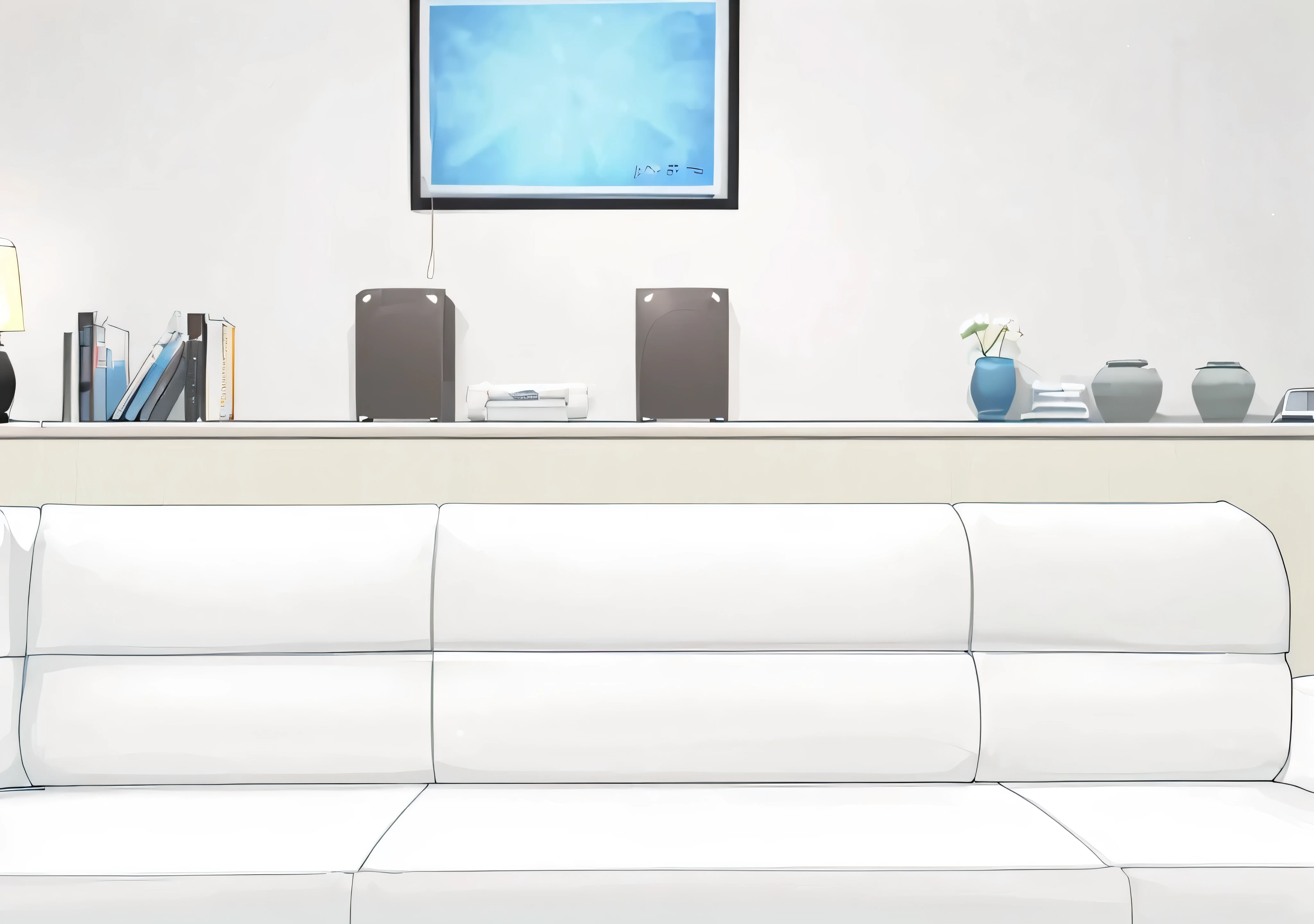 明るいindoor、Pure white walls、model room、indoor、bright room、night time、Veranda at night、Blue sofa、white wall、Japan、anime background、bright lighting、studio photography、General room