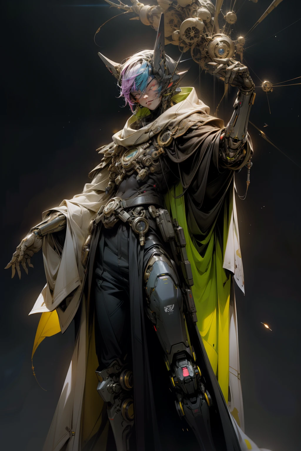In the realm of cyberpunk art, a master alchemist emerges, cloaked in an enigmatic aura. His attire is a fusion of ancient and futuristic elements, donning a mestre's robe infused with alien cybernetics. Instantly adapting to his environment, he becomes invisible, a chameleon among the stars.
His body, a living testament to intergalactic technology, is embedded with organic cybernetic implants. These advanced prosthetics fuse seamlessly with his flesh, granting him unparalleled access to the vast interconnected information network. His eyes, a striking contrast of vibrant alien cybernetics and organic tissue