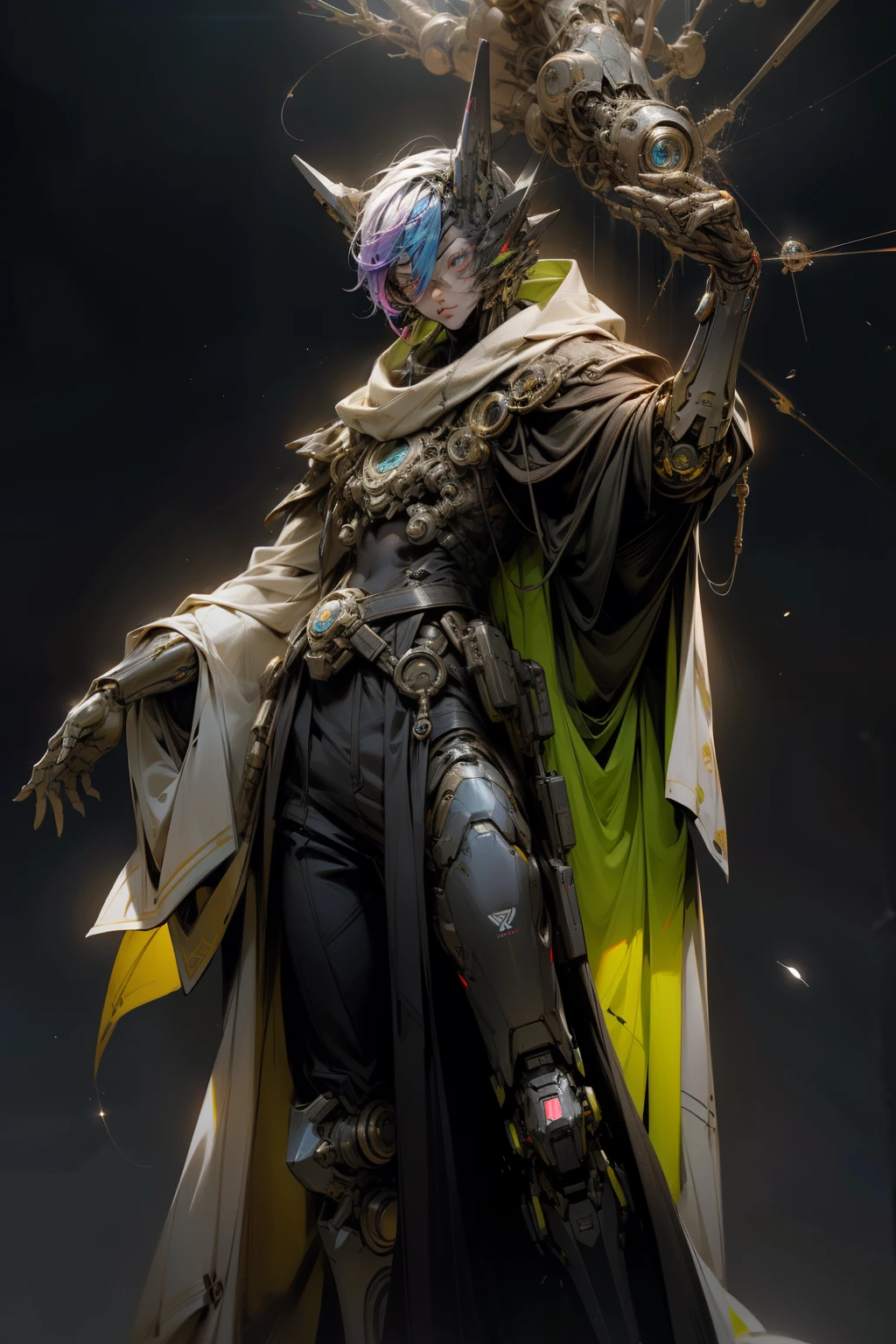 In the realm of cyberpunk art, a master alchemist emerges, cloaked in an enigmatic aura. His attire is a fusion of ancient and futuristic elements, donning a mestre's robe infused with alien cybernetics. Instantly adapting to his environment, he becomes invisible, a chameleon among the stars.
His body, a living testament to intergalactic technology, is embedded with organic cybernetic implants. These advanced prosthetics fuse seamlessly with his flesh, granting him unparalleled access to the vast interconnected information network. His eyes, a striking contrast of vibrant alien cybernetics and organic tissue