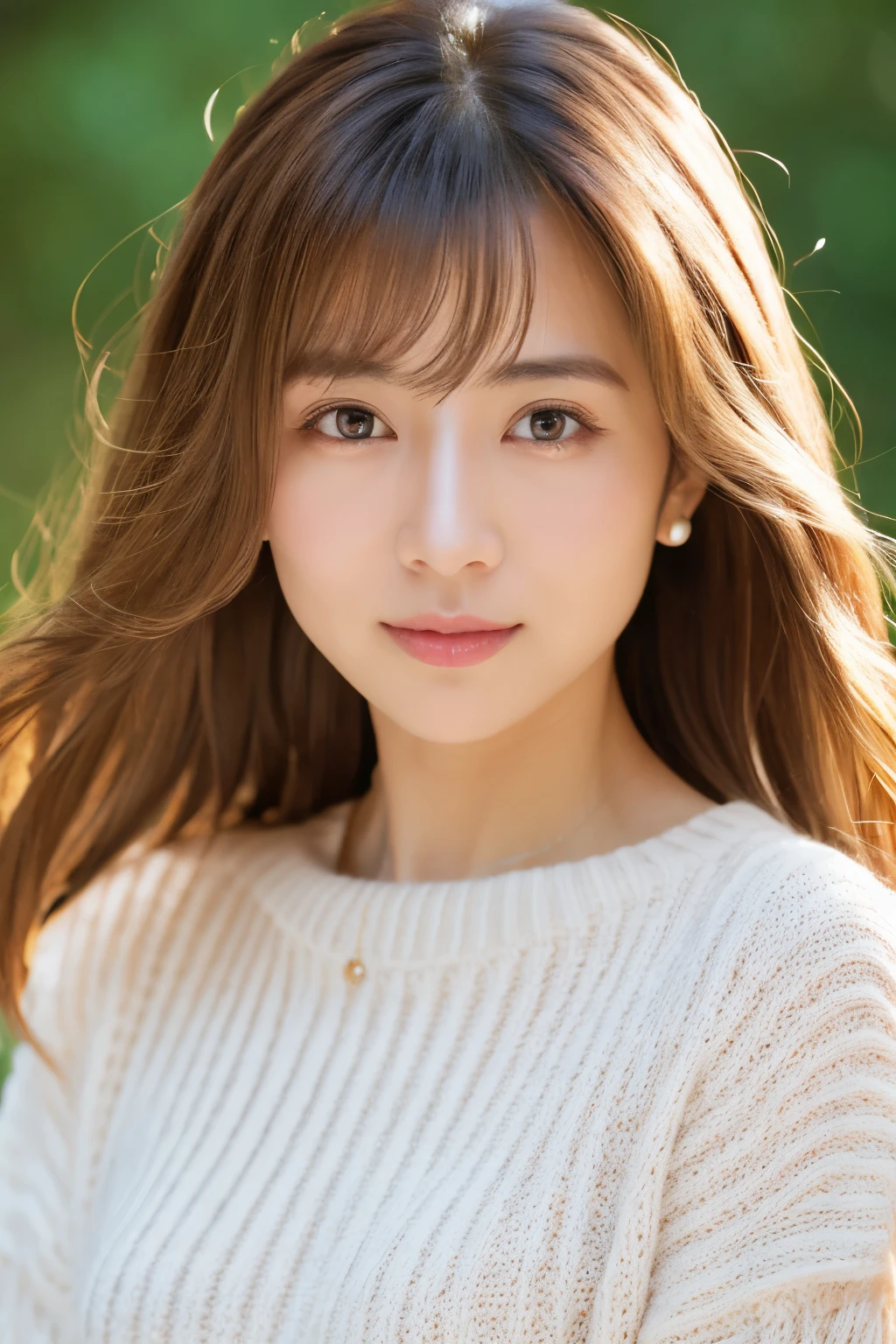 japanese woman, 30 generations, adult woman、background white, simple背景, white-brown hair, thin, 4K, 8K, high quality, beauty products, beautiful eyes, simple, High resolution,1 person,beautiful skin,beautiful skin,Wearing white knitwear